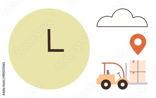 Clock, forklift with a box, map pin, and cloud visualizing logistics, time management, efficient delivery, supply chain, planning, e-commerce and punctuality in a simple flat metaphor