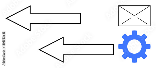 Two arrows pointing in opposite directions with an envelope icon and a gear symbol. Ideal for communication, exchange, process, configuration, email, data flow, teamwork. Simple flat metaphor