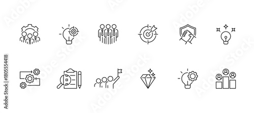 Business icon set containing management, strategy, team, goal, trust, idea, process, assessment, leadership, value, implementation and competition vector icon