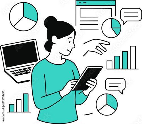 Business Analytics Illustration – Woman Using Tablet with Charts, Data Visualization, and Digital Communication Elements