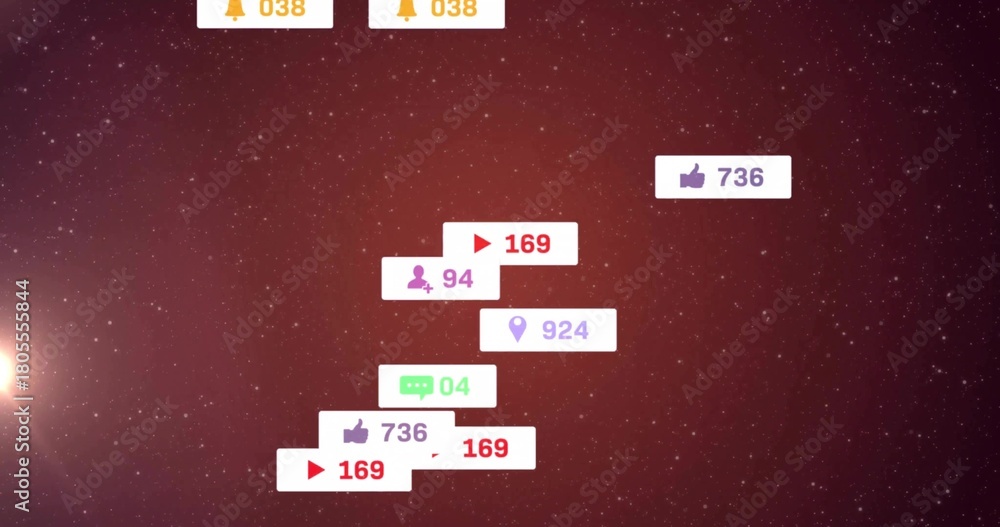 Obraz premium Floating cluster of social media notification badges showing icons with counters over red starfield