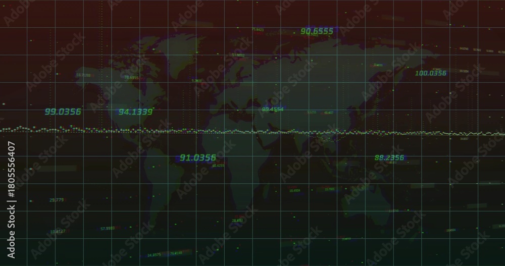 Fototapeta premium Displaying equirectangular map with gridlines and equatorial dotted data trace, glowing labels