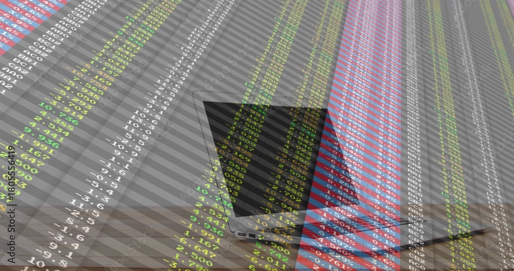 Fototapeta premium Showing silver laptop on wooden desk, with market numbers overlaying screen and diagonal stripes