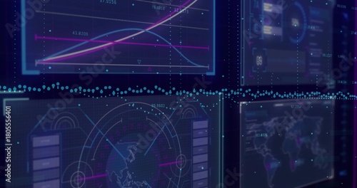 Displaying analytics dashboard panels glowing at command console, showing line charts and radar