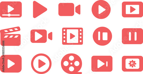 Video & Media Play Icon Set – Flat Coral Style.
