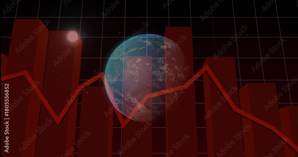 Obraz premium Displaying red bar chart with overlaid red line and Earth globe in space, featuring thin grid