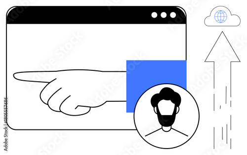 Hand pointing within browser interface, profile image of man, cloud upload arrow symbolizing digital interaction. Ideal for technology, software, online profiles, data sharing, cloud computing, user