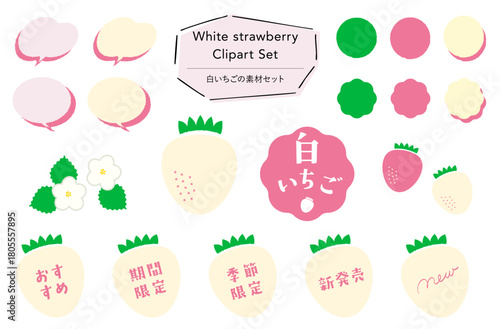 白いちごの素材セット_あしらい＋イラスト,フレーバー,期間限定,季節限定,おすすめテキスト付き｜White Strawberry Design Set – Decorative Elements, Illustrations, Flavor Tags, Limited-Time & Seasonal Labels, Recommended Text Included