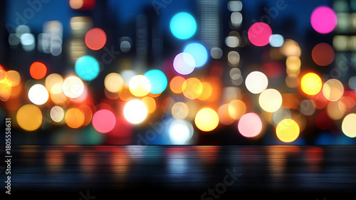 Colorful bokeh city lights with wooden table foreground, night urban scene, festive mood