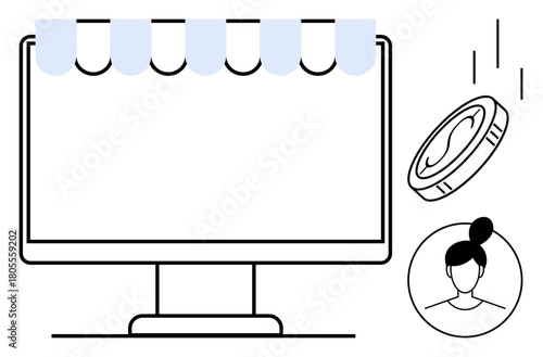 Monitor with shopfront awning, coin dropping in motion, and female user avatar portrait. Ideal for e-commerce, online shopping, customer interaction, payment systems, digital stores, user profiles