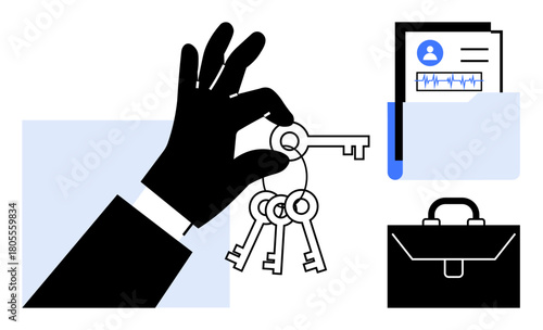 Hand holding multiple keys alongside a briefcase and document folder containing profile information. Ideal for security, access, management, personal data, privacy, business, and authorization