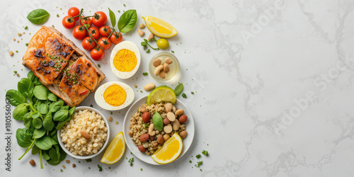 A healthy balanced meal featuring grilled salmon, fresh vegetables, boiled eggs, nuts, and grains arranged on a light surface, creating a clean nutritious food composition ideal for diet and wellness 