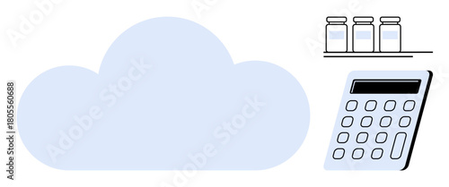 Blue cloud, calculator, and storage jars representing cloud storage, data organization, and business analysis. Ideal for finance, technology, cloud-based solutions, budgeting organization digital