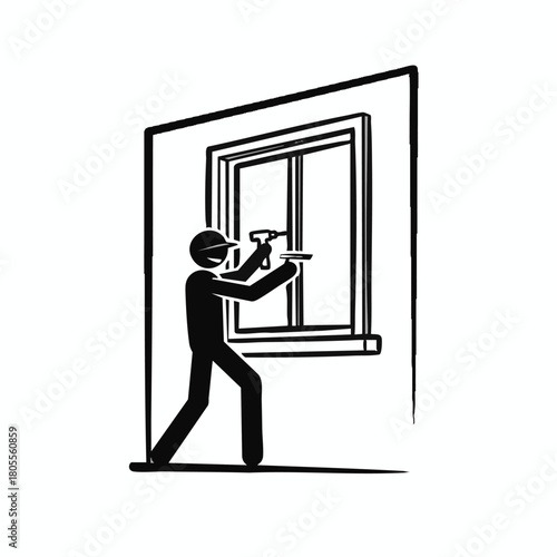 A burglar is depicted breaking into a house through a window using a hammer, representing a crime and security issue in a simple black and white illustration.