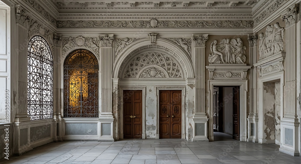 Fototapeta premium Empty square room with Elements of architectural decoration of buildings, doorways and arches, doors and grills, plaster patterns and stucco molding