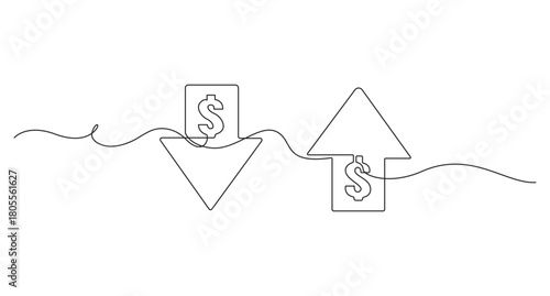 Financial Growth Concept with Money Bag and Upward Arrow,Continuous Line Drawing of Financial Growth and Success,money inflation with increase icon business concept single line art drawing,