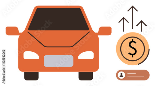 Orange car with upward arrows representing financial growth, cost increase, or market value. Circle with dollar sign, abstract user profile tag. Ideal for finance, automotive sales, market trends