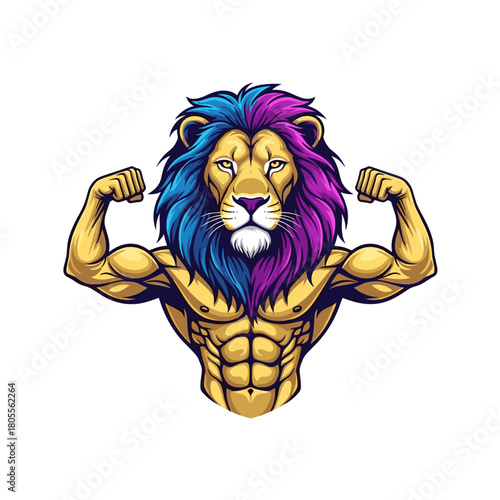 Strong lion character with vibrant mane flexing arms, powerful cartoon mascot illustration on white background.
