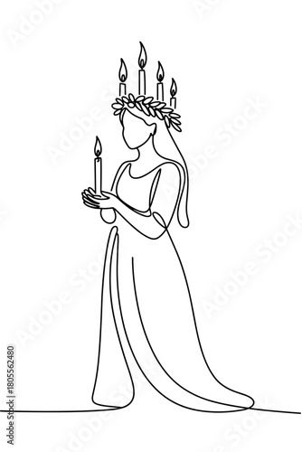 Minimalist line-art of young woman dressed as Santa Lucia with candle crown, classic Swedish Sankta Lucia tradition