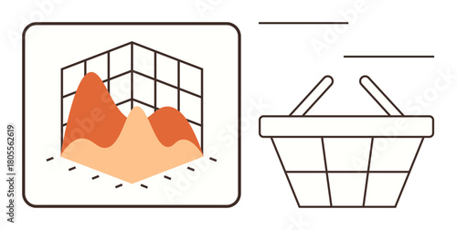 3D graph with orange peaks beside a shopping basket, symbolizing market trends, analytics, and commerce. Ideal for data analysis, decision-making, market research, e-commerce, sales business growth