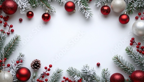 Festive Christmas Holiday Frame of Snowy Evergreen Branches Red Ornaments and Berries on White Background for Holiday