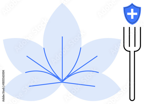 Blue leaf design paired with fork and medical shield. Represents balance, health, nutrition, and wellness. Ideal for health, diet, self-care, alternative medicine sustainability balance simple