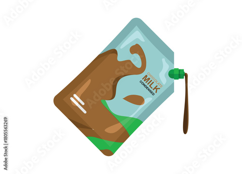 Condensed chocolate milk in pouch packaging. Simple flat illustration.