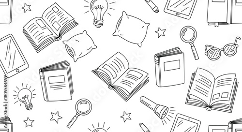 Seamless doodle pattern featuring hand-drawn reading and learning icons like books, lightbulbs, and pillows for a cozy study concept