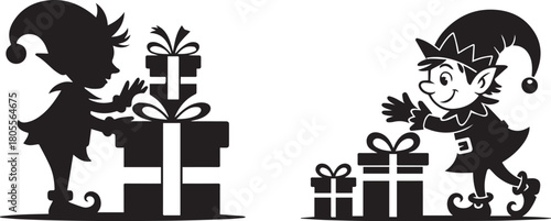 Christmas elves with presents silhouette vector illustration holiday season