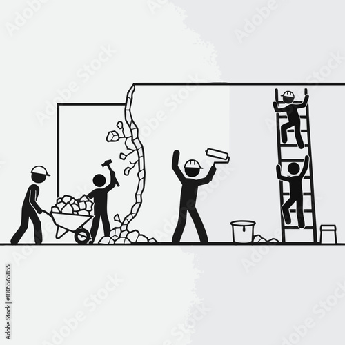 This illustration shows a construction crew working together to build a wall, symbolizing teamwork, construction, and the process of creating something new and strong.