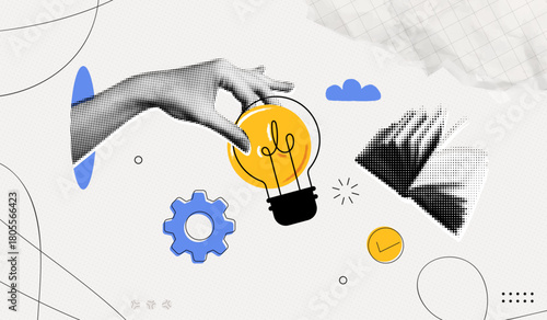 Trendy Halftone Collage Hand holds lightbulb. Creative mind or brainstorm. Study and education. Floating book. Bright mind. Knowledge concept. Contemporary vector illustration art