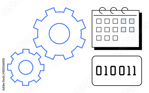 Two blue gears, a calendar, and binary digits emphasize workflow automation, task scheduling, and digital solutions. Ideal for efficiency, productivity, project planning, technology innovation