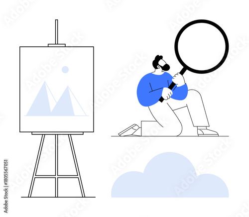 Man kneeling with magnifying glass investigates artwork on an easel alongside a cloud. Ideal for exploration, creativity, analysis, innovation, curiosity, art, research. Simple flat metaphor