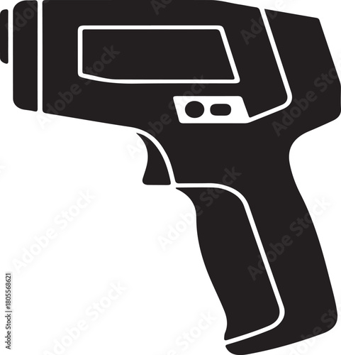 Black silhouette of a handheld infrared thermometer gun on a white background temperature gun