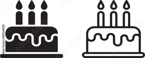 Two black and white graphic icons of a birthday cake with three candles celebration party