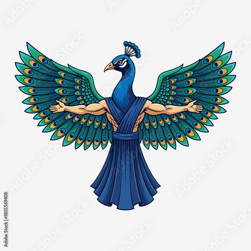 Beautiful anthropomorphic peacock with open wings and strong body, fantasy warrior mascot illustration on white background.
