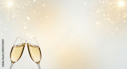 champagne glasses on a festive background. Holiday Background with Sparkling Champagne Flutes. Champagne Glasses Toast with Fireworks and Confetti