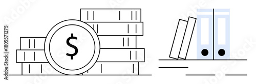Stacked coins with a dollar sign next to binders on a desk convey savings, financial management, accounting, and business organization. Ideal for budgeting, planning, and financial control in
