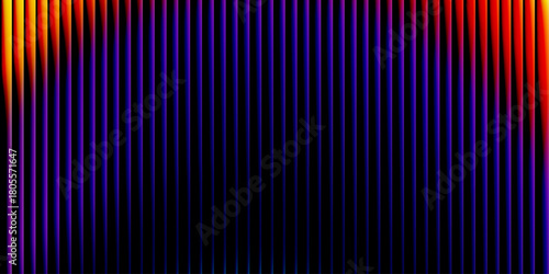 Glass ripple texture with dark gradient background and vivid orange, blue, and lilac light streaks. Futuristic distortion, moody abstract glow, reeded vertical blur. Vector illustration