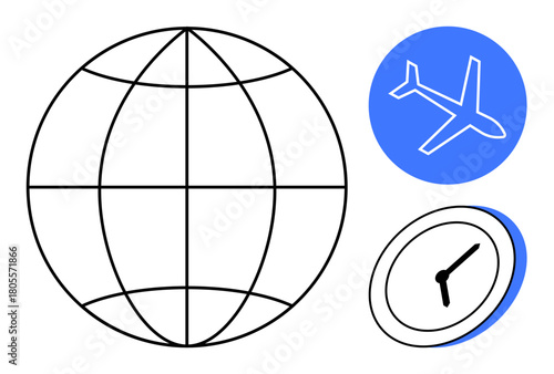 Globe, airplane icon, and clock represent worldwide travel, time zones, and global connectivity. Ideal for travel, logistics, international business, tourism scheduling time management simple flat
