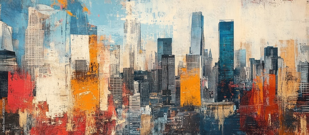 Fototapeta premium Abstract city skyline painting, urban landscape, modern art, home decor
