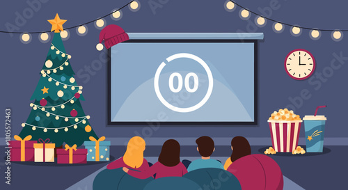 Family Christmas Movie Night with Tree, Gifts, and Popcorn.