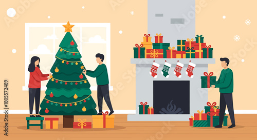 Family Decorating Christmas Tree and Fireplace with Gifts.