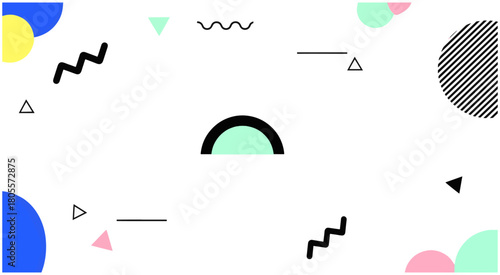 A vibrant abstract background featuring a playful Memphis-style pattern with colorful geometric shapes.