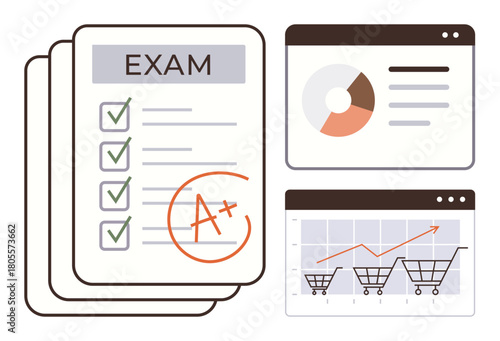 Exam paper with checklist and A grade, dashboard showcasing pie chart, and cart growth graph. Ideal for education, achievement, e-learning, progress tracking, analytics, performance evaluation