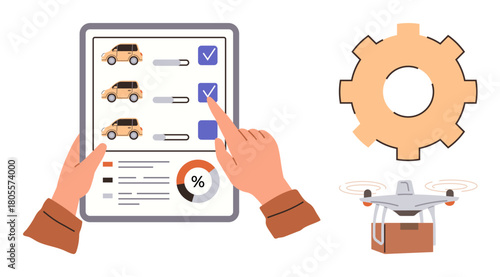 Checking vehicle options using a tablet, gear symbol for system operation, quadcopter carrying package. Ideal for logistics, decision-making, automation, technology, transport, fleet management
