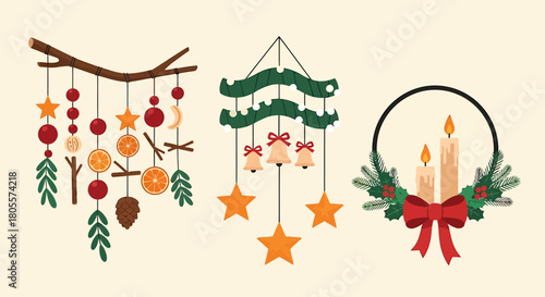 Festive Christmas Decorations - Hanging Ornaments and Wreath.