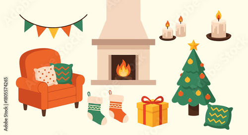 Festive Christmas Living Room Scene with Fireplace and Decorations.