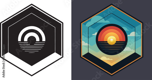 Vibrant sunset over geometric landscape with abstract sun and clouds within a hexagonal frame, evoking adventure and serenity