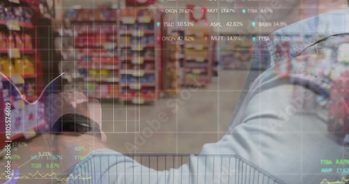 Shopper pushing cart checking watch initiating budget charts animating over aisle while using phone